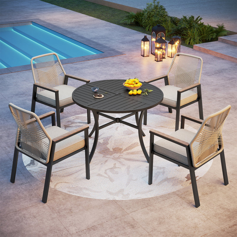 5/7-Piece Patio Dining Set with Patterned Round Table & Stylish Rattan Rope Chairs-Phi Villa