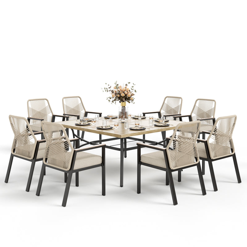 Phi Villa Mirage 9-Pcs Patio Dining Set with Farmhouse Enlarged Square Table