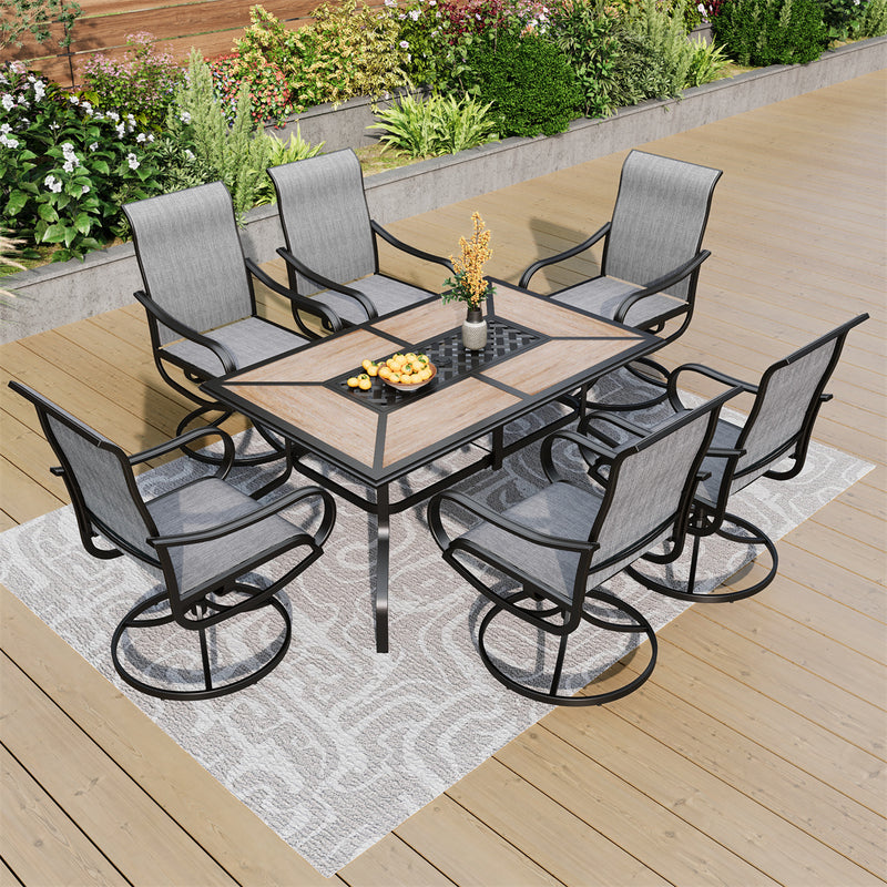 7-Piece Patio Dining Set Patch Wood-grain Table and Textilene Swivel Chairs Phi Villa