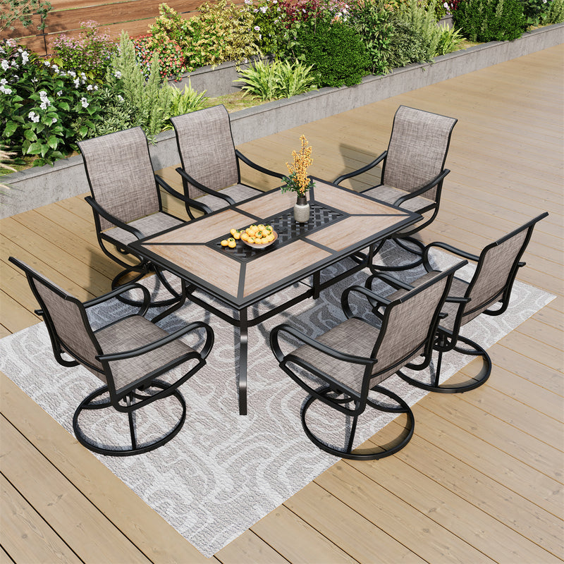 7-Piece Patio Dining Set Patch Wood-grain Table and Textilene Swivel Chairs Phi Villa