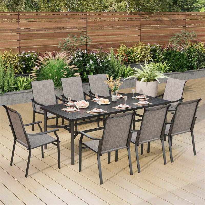 9-Piece Brown Textilene Fixed Chair Outdoor Dining Set-Phi Villa