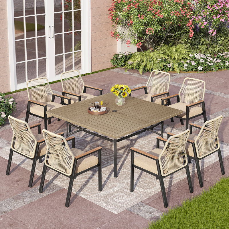 Phi Villa Mirage 9-Pcs Patio Dining Set with Farmhouse Enlarged Square Table