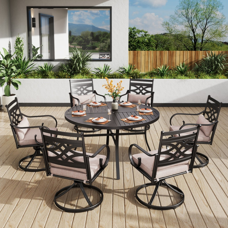 7-Piece Round Table Patio Dining Set of Steel Fixed Chairs with Cushion and Pillow-Phi Villa