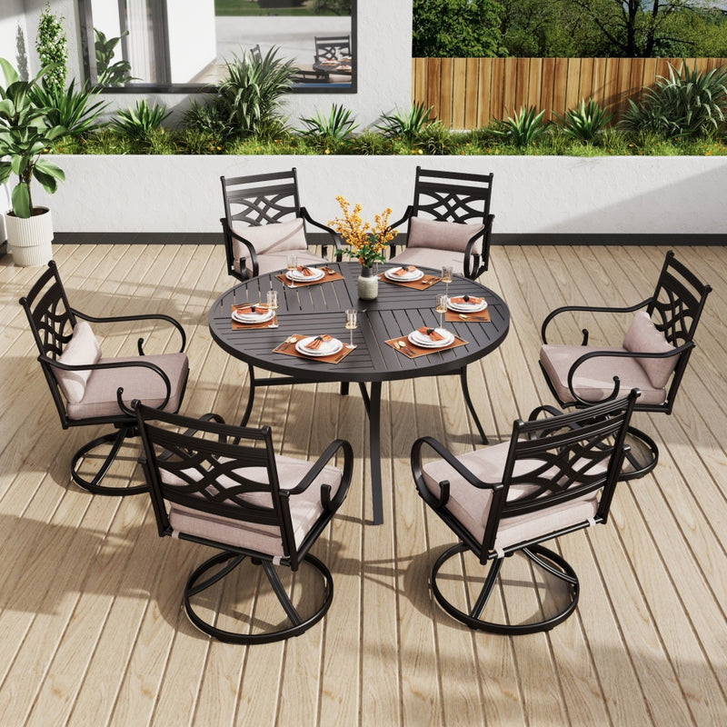 7-Piece Round Table Patio Dining Set of Steel Fixed Chairs with Cushion and Pillow-Phi Villa