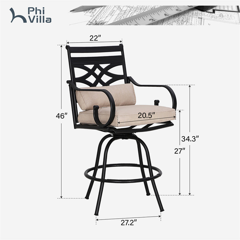 PHI VILLA Outdoor Steel Swivel Cushioned Bar Stools With Pillows