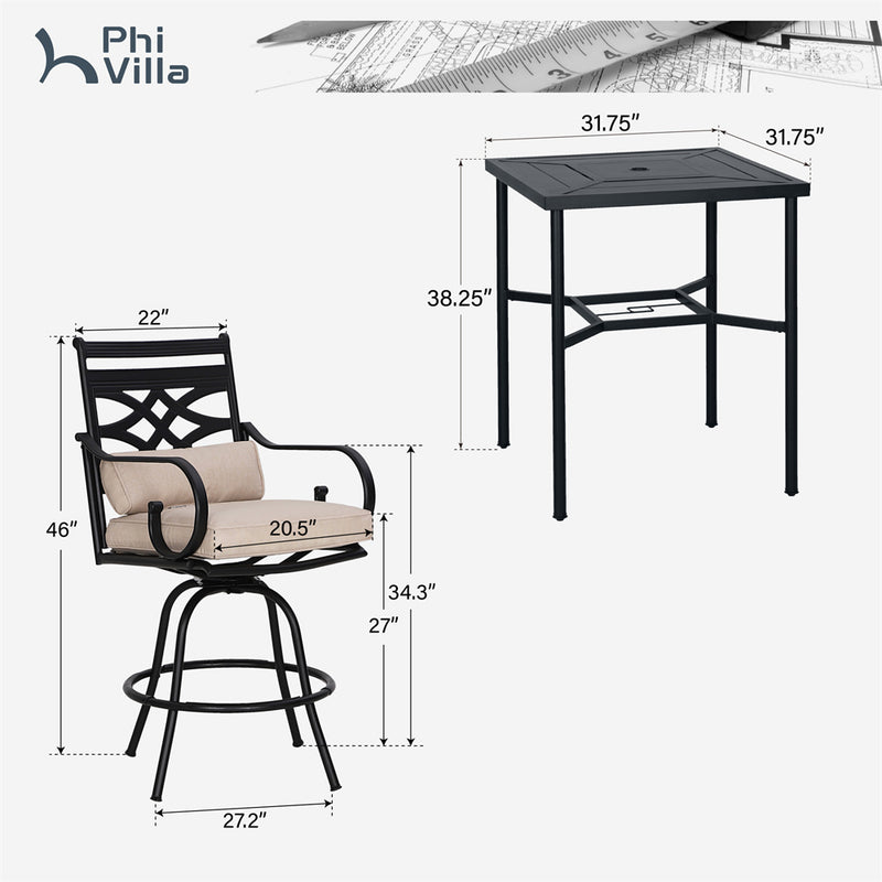 PHI VILLA Outdoor Bar Stools Set with Steel Swivel Cushioned Bar Stools and High Table with Geometric Patterns