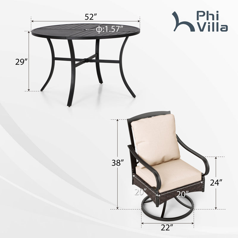 7-Pcs Luxurious Cushioned Swivel Chairs Set with Round Table for Deck-Phi Villa