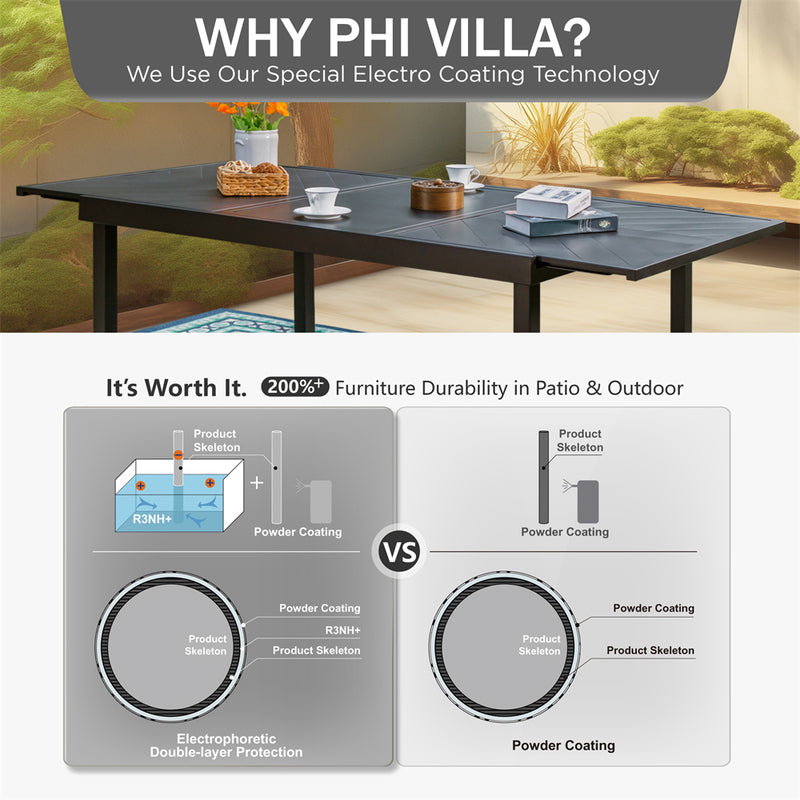 PHI VILLA Outdoor Extendable Patio Steel Dining Table For 6-8 People