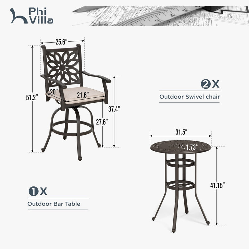 Antique Cast Aluminum Patio Pub Height Rust-free Swivel Bar Stools Set PHI VILLA