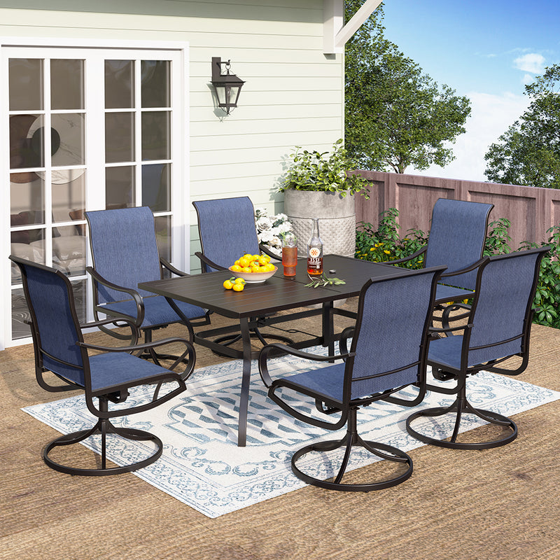 6-seat blue chair dining set for deck