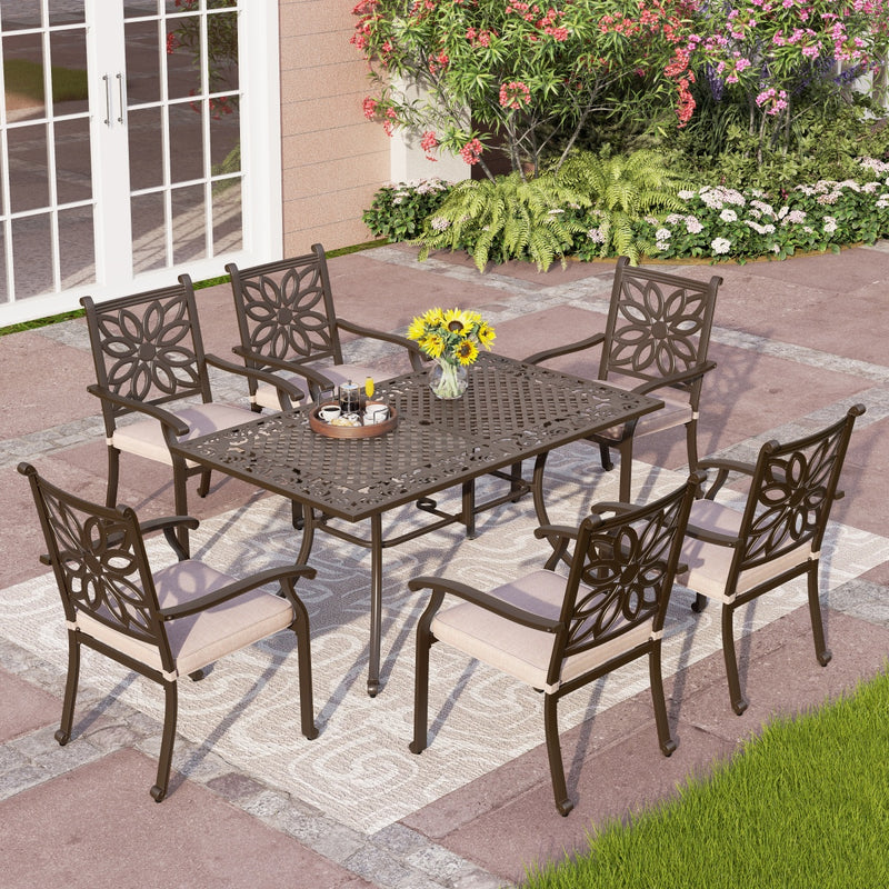 Phi Villa 7 Piece Cast Aluminum Patio Dining Set with Fixed Chair & Dining Table