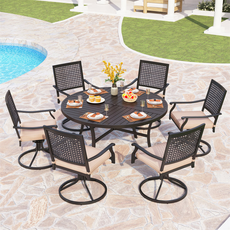 7-Piece Patio Dining Set for Backyard with Bullseye Pattern Chairs and Round Table-Phi Villa