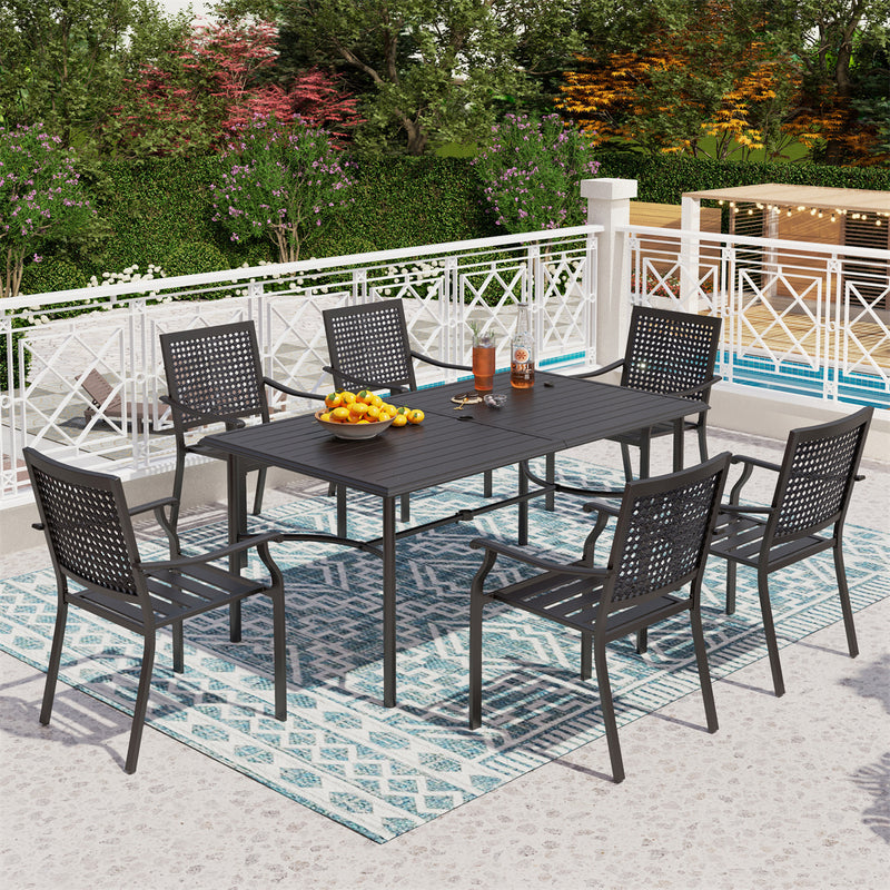 Phi Villa 7-Piece Patio Dining Set 6 Fixed Stackable Chairs & Steel Rectangle Table