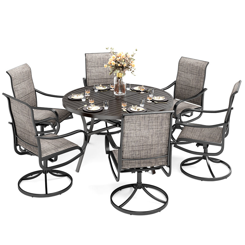 Phi Villa 7-Pcs Outdoor Dining Set with Round Table and Textilene Swivel Chairs