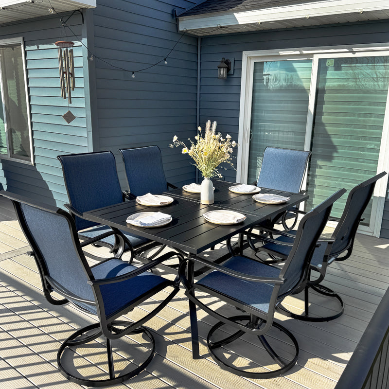 6-Seat outdoor dining set with upgraded padded textilene chairs blue