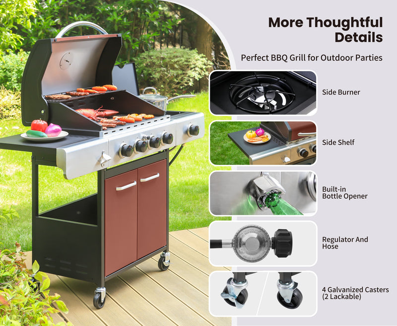 Patio Outdoor Propane Gas Grill BBQ with 4 x 8000 BTU Grilling Burners and 10,000 Side Burner-Captiva Designs