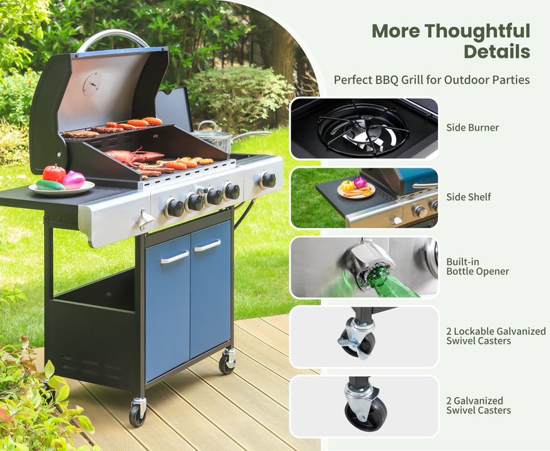 Patio Outdoor Propane Gas Grill BBQ with 4 x 8000 BTU Grilling Burners and 10,000 Side Burner-Captiva Designs