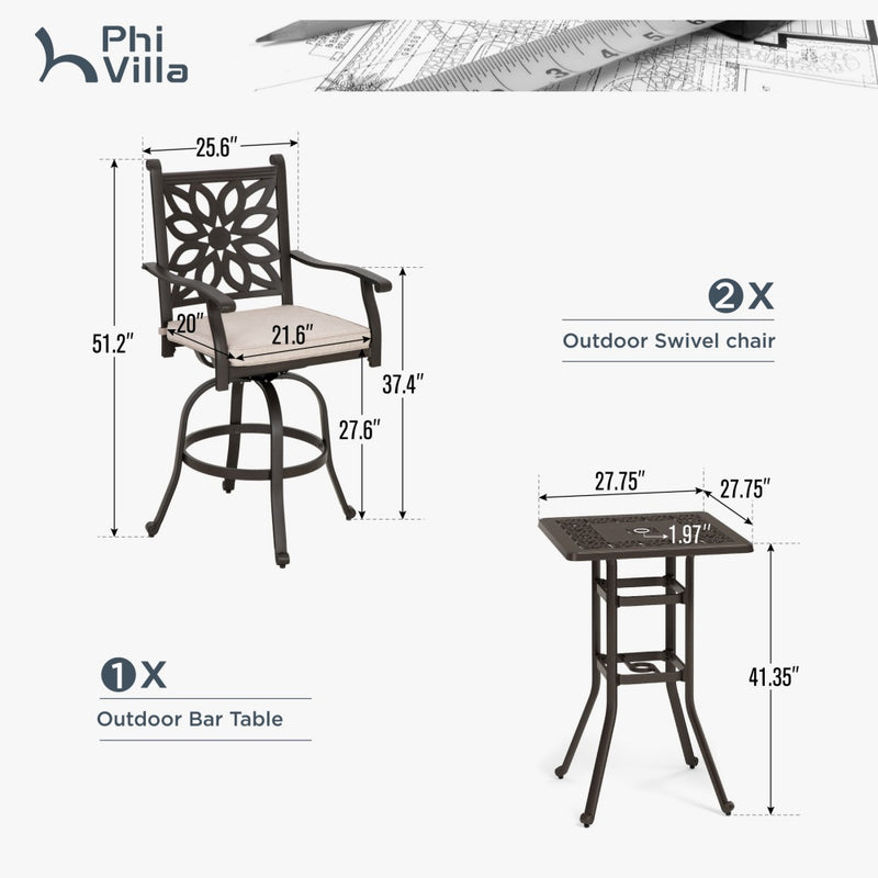 Phi Villa 3-Piece Cast Aluminum Square Table & 2 Patio High Swivel Bistro Bar Stools Chairs Set