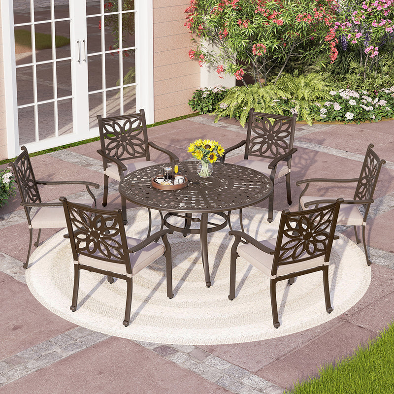 Phi Villa 7 Piece Cast Aluminum Patio Dining Set with Fixed Chair & Dining Table