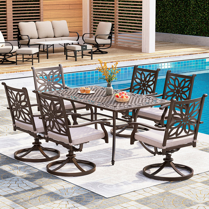 PHI VILLA 7 Piece Cast Aluminum Outdoor Dining Set with Swivel Chair & Dining Table