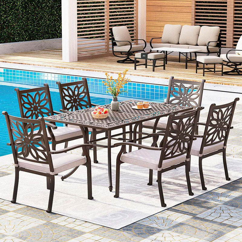 PHI VILLA 7 Piece Cast Aluminum Patio Dining Set with Fixed Chair & Dining Table