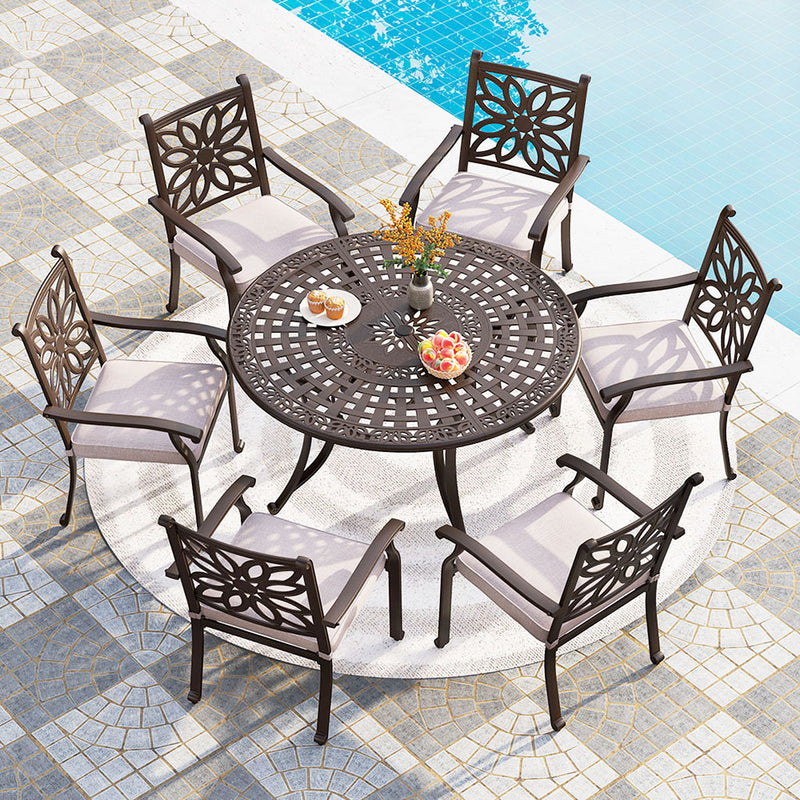 PHI VILLA 7 Piece Cast Aluminum Patio Dining Set with Fixed Chair & Dining Table