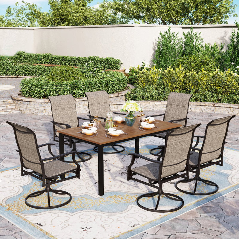 7-Piece Outdoor Dining Set 6 Textilene Padded Swivel Chairs and Steel Rectangle Table