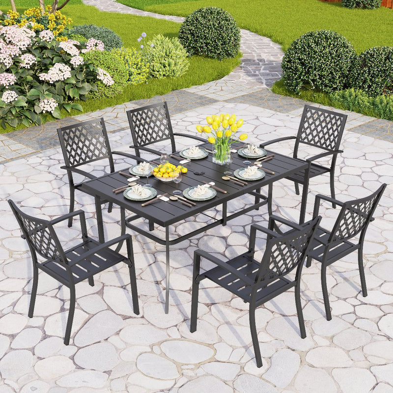 PHI VILLA 7-Piece Patio Outdoor Dining Set With Steel Panel Table and 6 Stackable Chairs