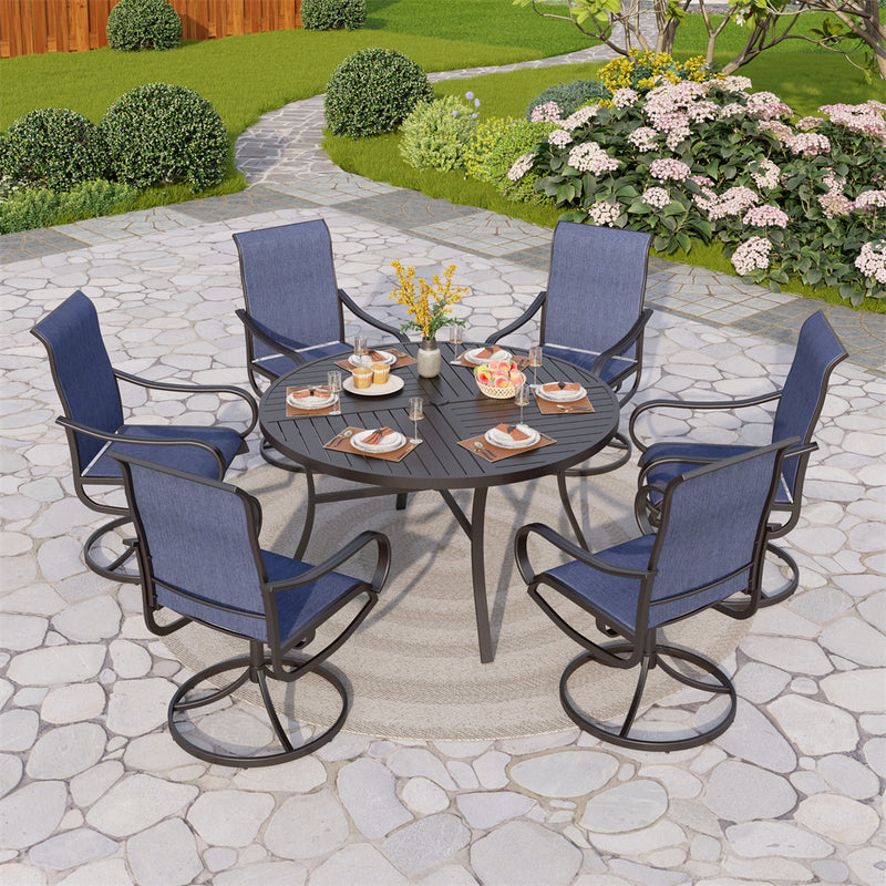 7-Pcs Outdoor Dining Set with Round Table and Blue Textilene Swivel Chairs-Phi Villa