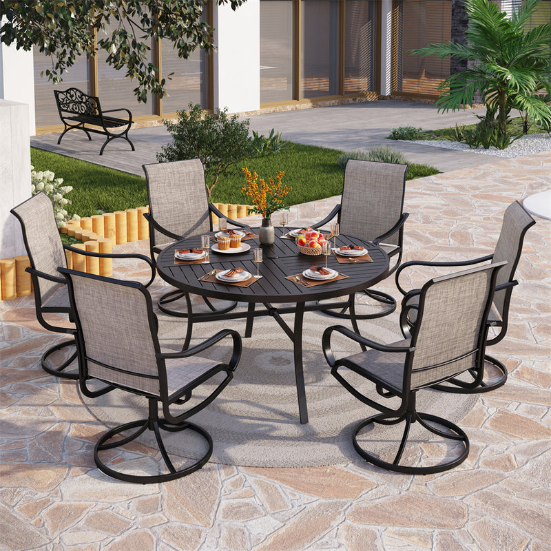 Phi Villa 7-Pcs Outdoor Dining Set with Round Table and Textilene Swivel Chairs