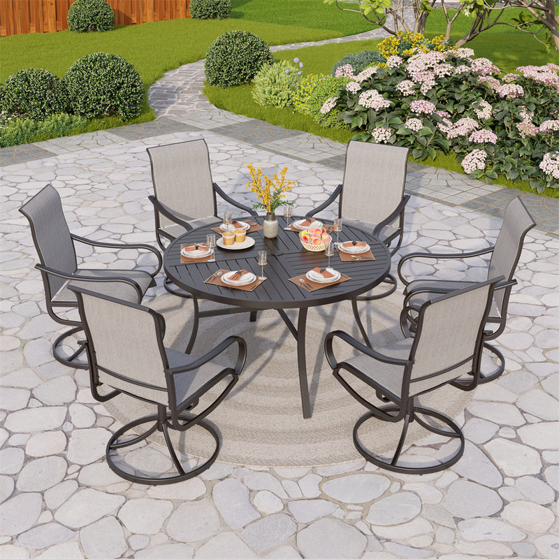 7-Pcs Outdoor Dining Set with Round Table and Textilene Swivel Chairs-Phi Villa