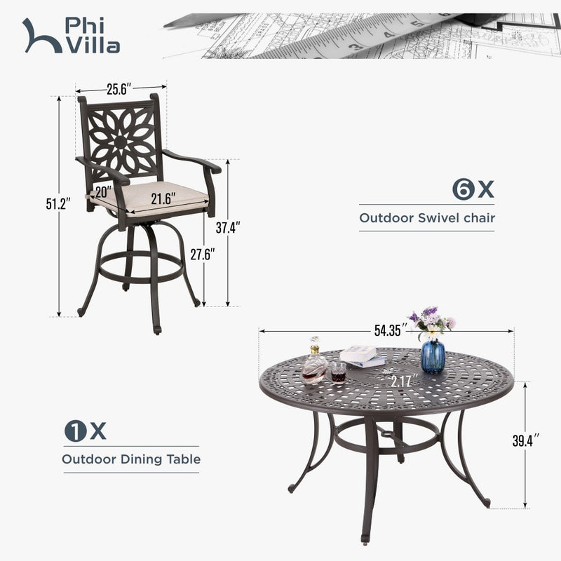 Phi Villa Cast Aluminum High Bar Dining Set  With Round Table and 6 Swivel Bar Stool Chairs