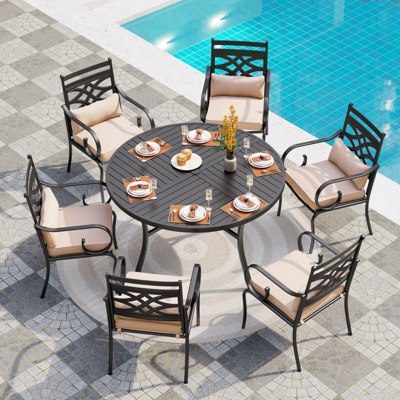 7-Piece Round Table Patio Dining Set of Steel Fixed Chairs with Cushion and Pillow-Phi Villa