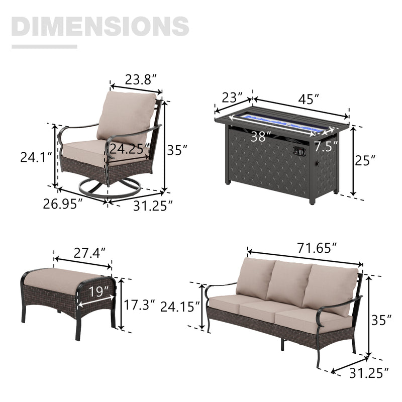 Phi Villa Outdoor Steel & Rattan Sofa Set With Rectangle Fire Pit Table