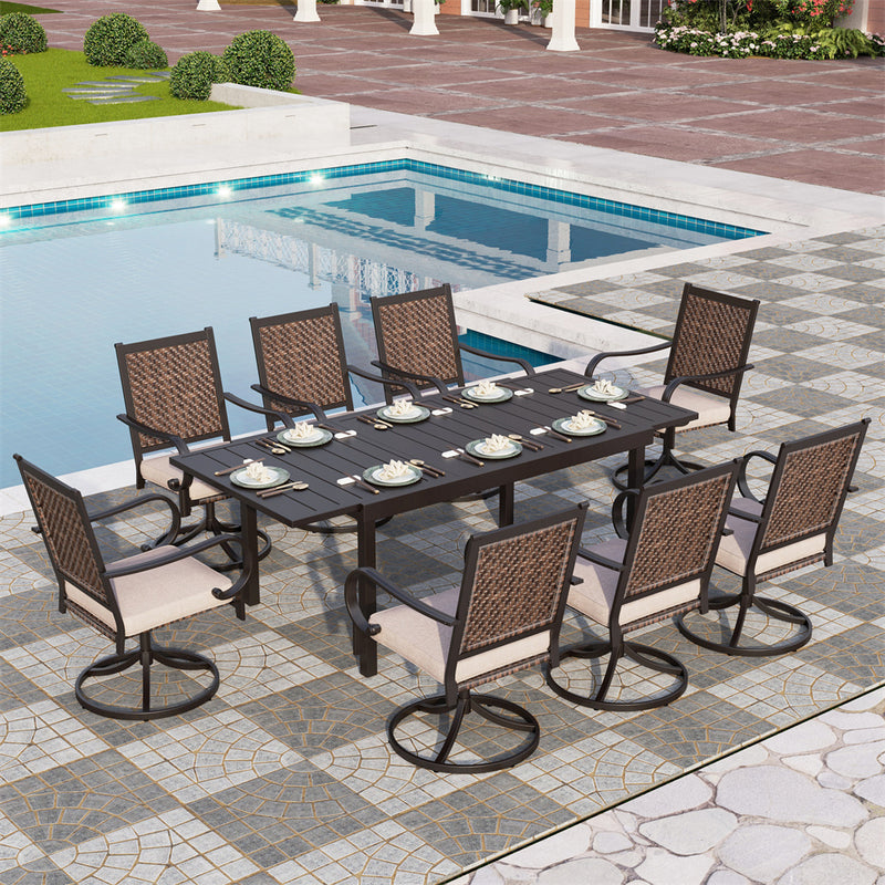 PHI VILLA 7-Piece/9-Piece Patio Outdoor Dining Set With Steel Extendable Table & Rattan Swivel Chairs