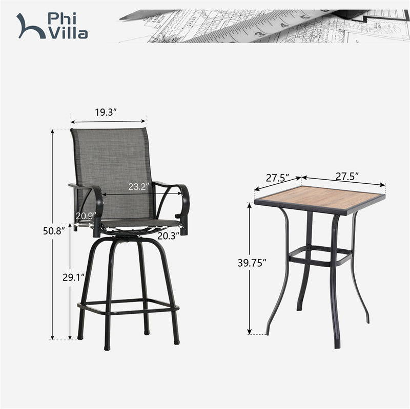 PHI VILLA 3/5 Piece Patio Bar Set of 1  Wood-look Coffee Table & Swivel Textilene Bar Stools