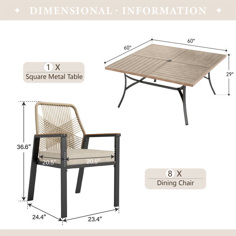 Phi Villa Mirage 9-Pcs Patio Dining Set with Farmhouse Enlarged Square Table