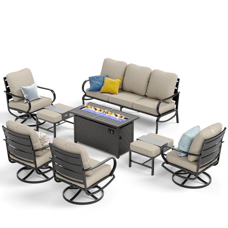 PHI VILLA 9-Seat Patio Steel Conversation Sofa Sets With Leather Grain Fire Pit Table