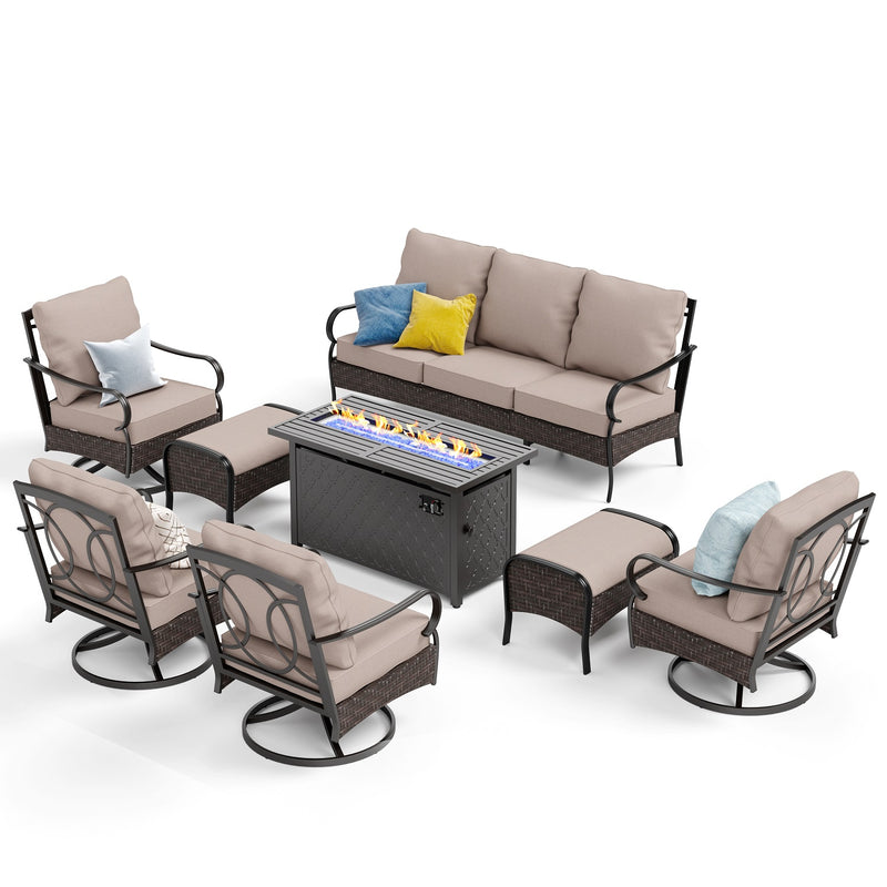 Phi Villa Outdoor Steel & Rattan Sofa Set With Rectangle Fire Pit Table