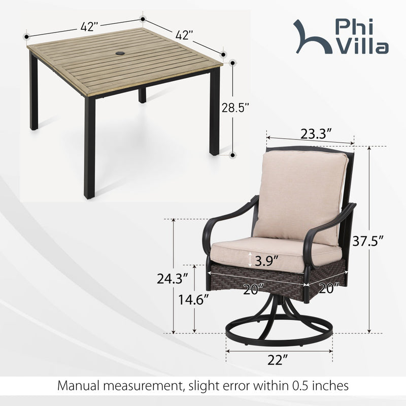 5-Piece Outdoor Dining Set with Rattan Swivel Chairs and Square Table PHI VILLA