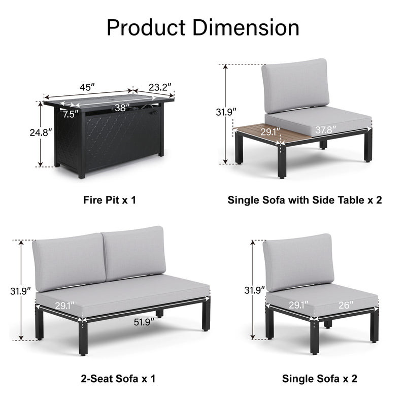 Phi Villa 6-Seater Modular Sofa Set with Integrated Side Table & Rectangle Metal Gas Fire Pit Table