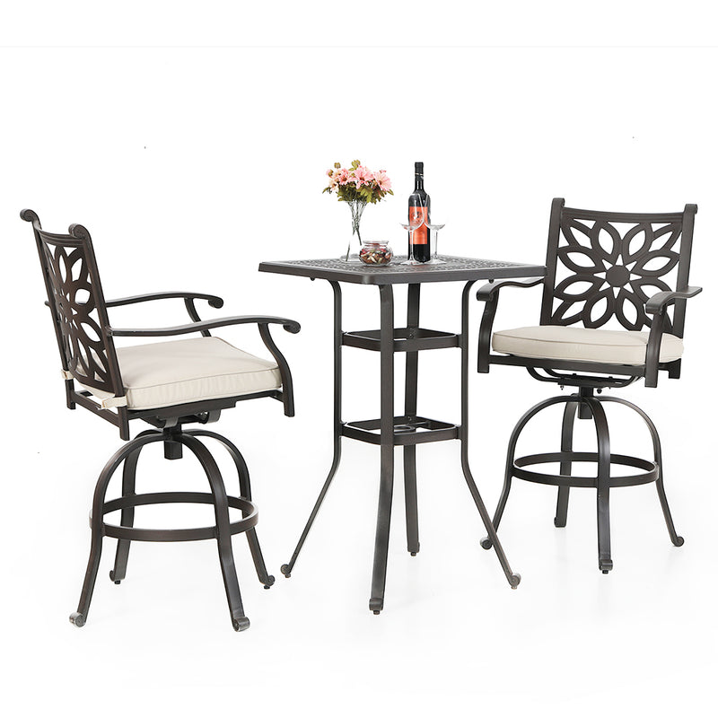 Phi Villa 3-Piece Cast Aluminum Square Table & 2 Patio High Swivel Bistro Bar Stools Chairs Set