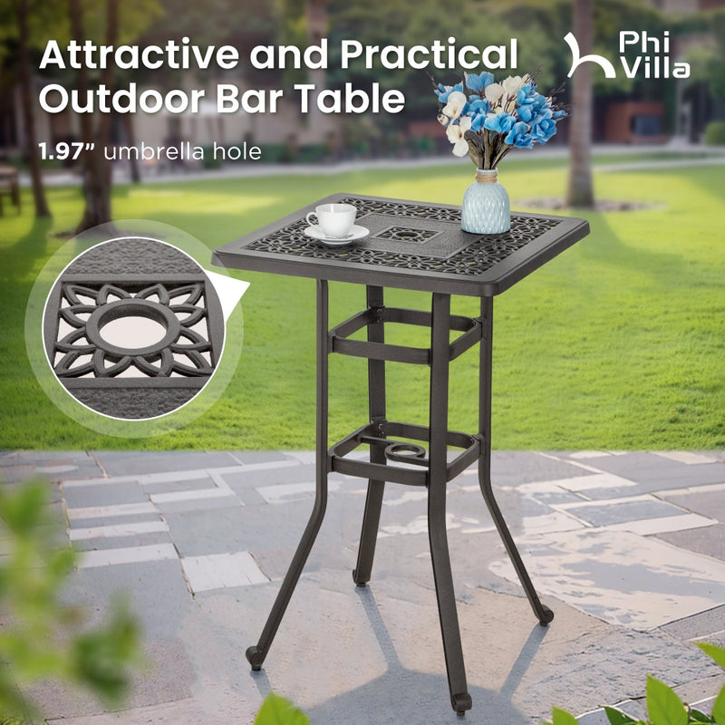 Phi Villa 3-Piece Cast Aluminum Square Table & 2 Patio High Swivel Bistro Bar Stools Chairs Set