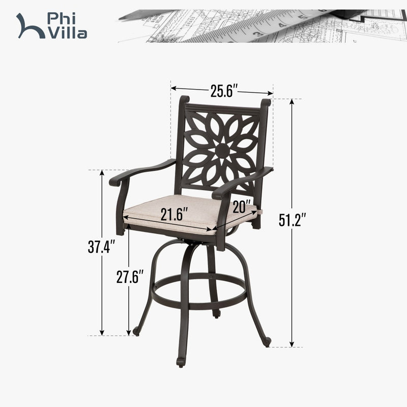 Antique Cast Aluminum Patio Pub Height Rust-free Swivel Bar Stools Set PHI VILLA