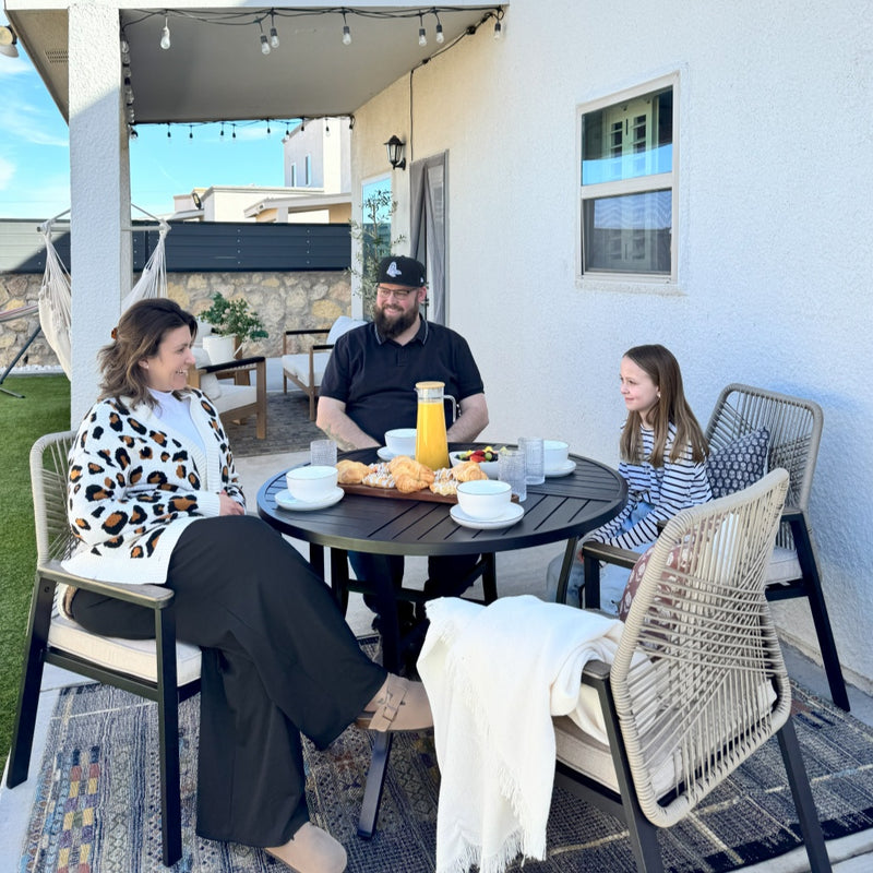 5/7-Piece Patio Dining Set with Patterned Round Table & Stylish Rattan Rope Chairs-Phi Villa