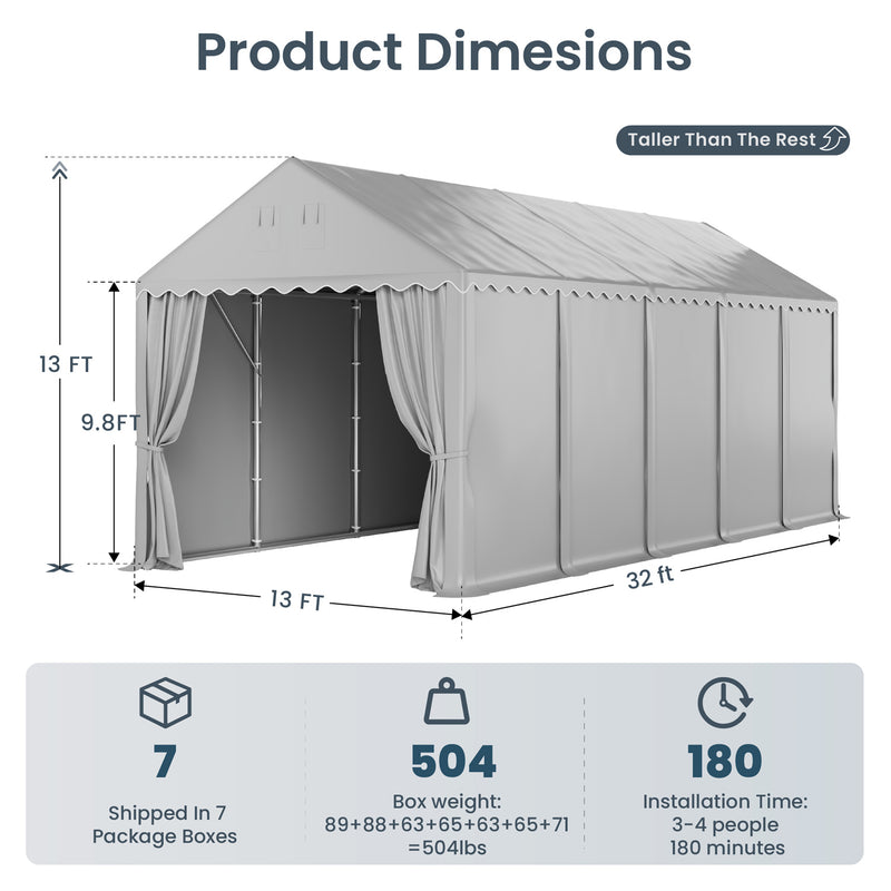 PHI VILLA 13x32ft Premium Outdoor Gray Carport Best Durable Storage Shed