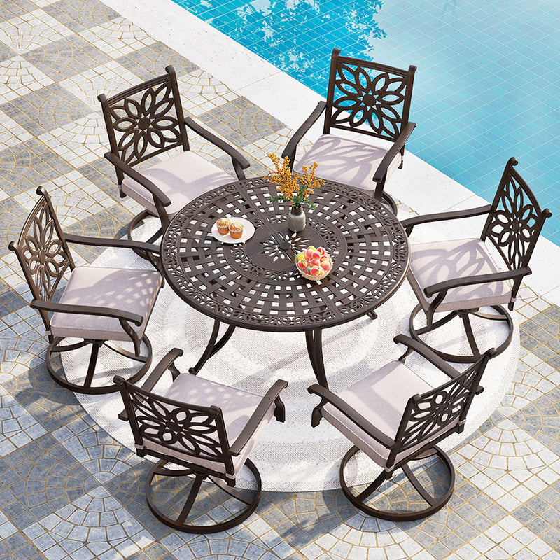 PHI VILLA 7 Piece Cast Aluminum Outdoor Dining Set with Swivel Chair & Dining Table