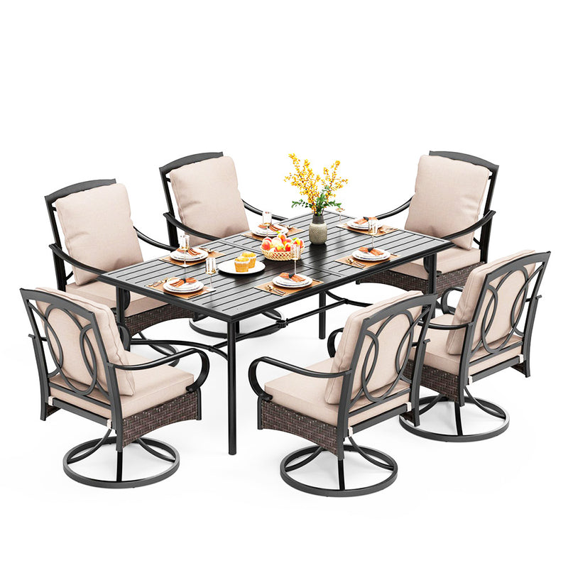 PHI VILLA 7-Piece Patio Dining Set With 6 Cushioned Steel & Rattan Chairs and Rectangle Table