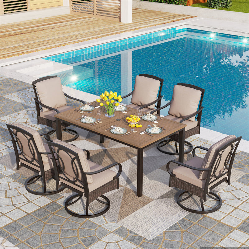 Phi Villa 7-Pcs Patio Dining Set with Cushioned Steel-rattan Chairs and Farmhouse Wood-grain Table