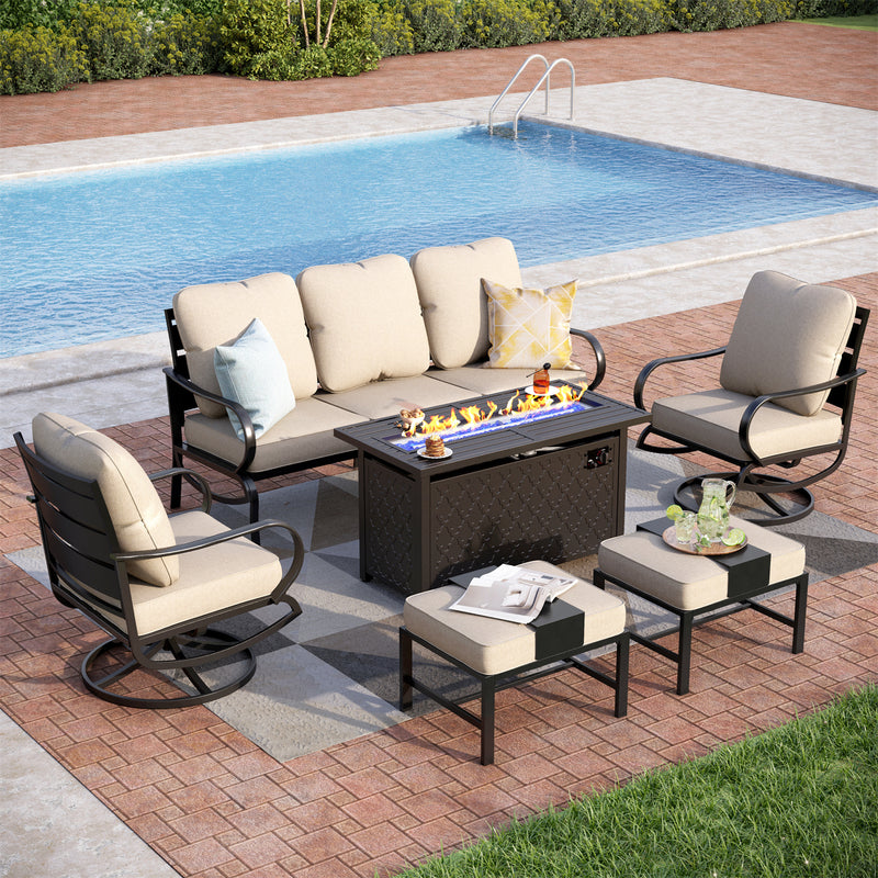 Phi Villa Outdoor Steel Swivel Sofa Sets With Leather Grain Fire Pit Table for Sale